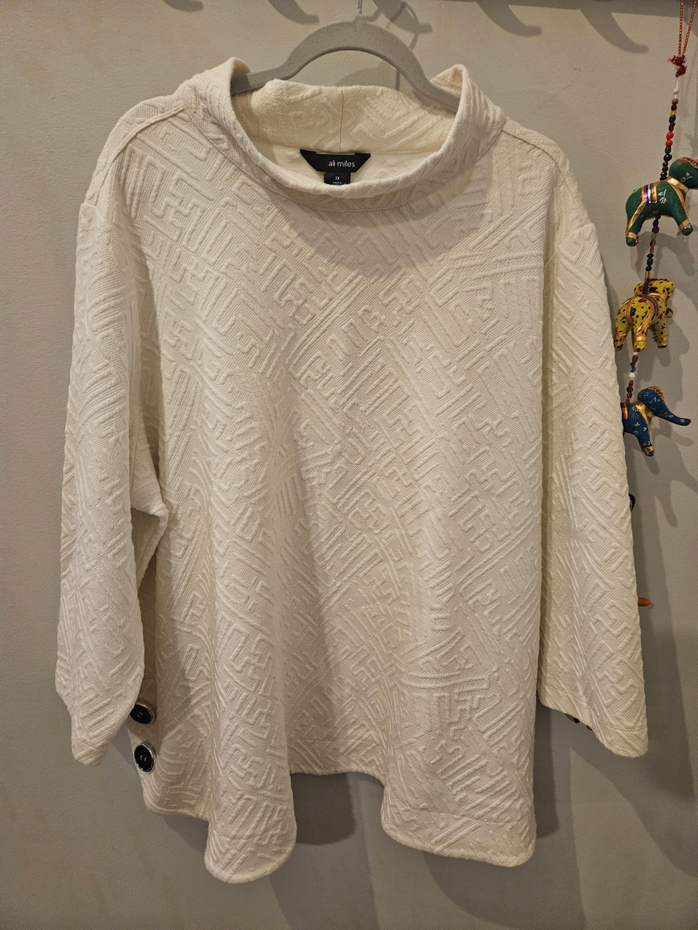 Ali Miles Cream Textured Cowl Neck Sweater with Side Buttons